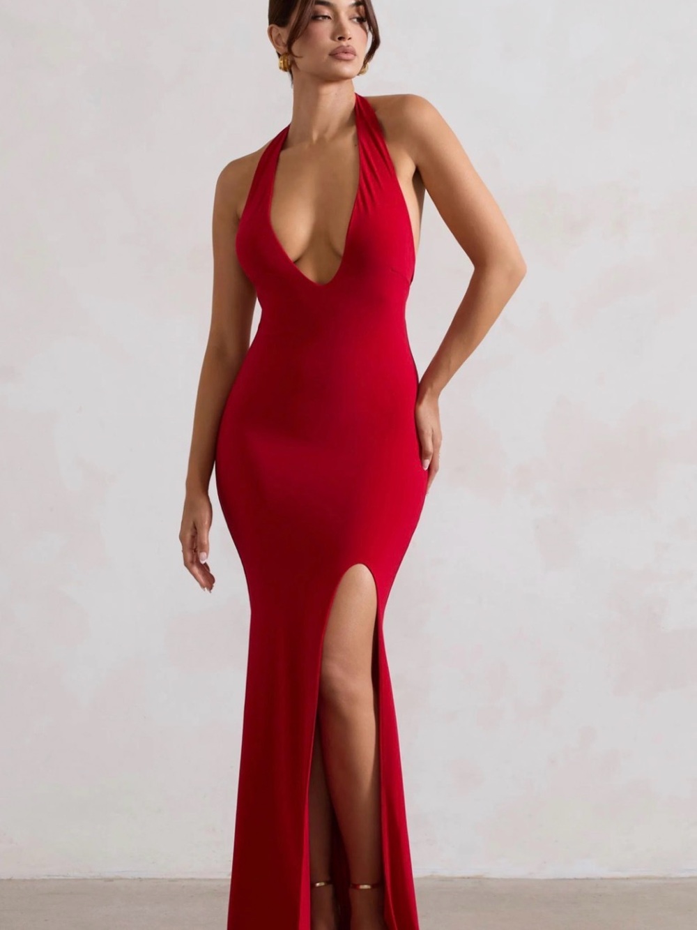 Club L London Red Plunge Halter Backless Maxi Dress Size 4